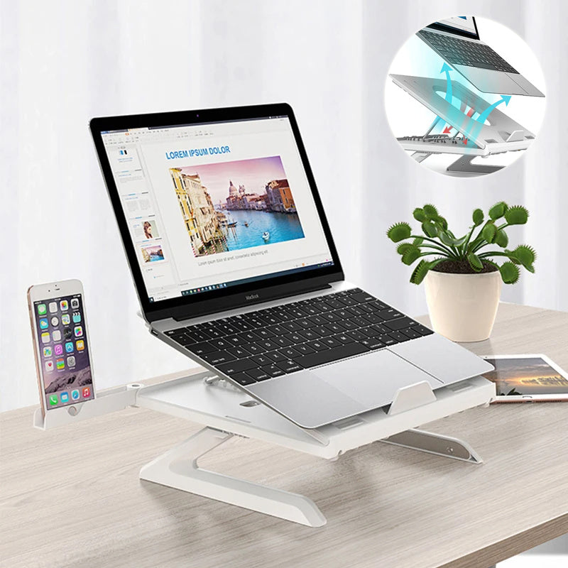 Adjustable Aluminium Laptop Stand in Silver – Sleek Foldable Laptop Riser for Better Posture and Airflow