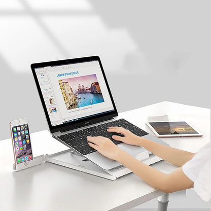 Adjustable Aluminium Laptop Stand in Silver – Sleek Foldable Laptop Riser for Better Posture and Airflow