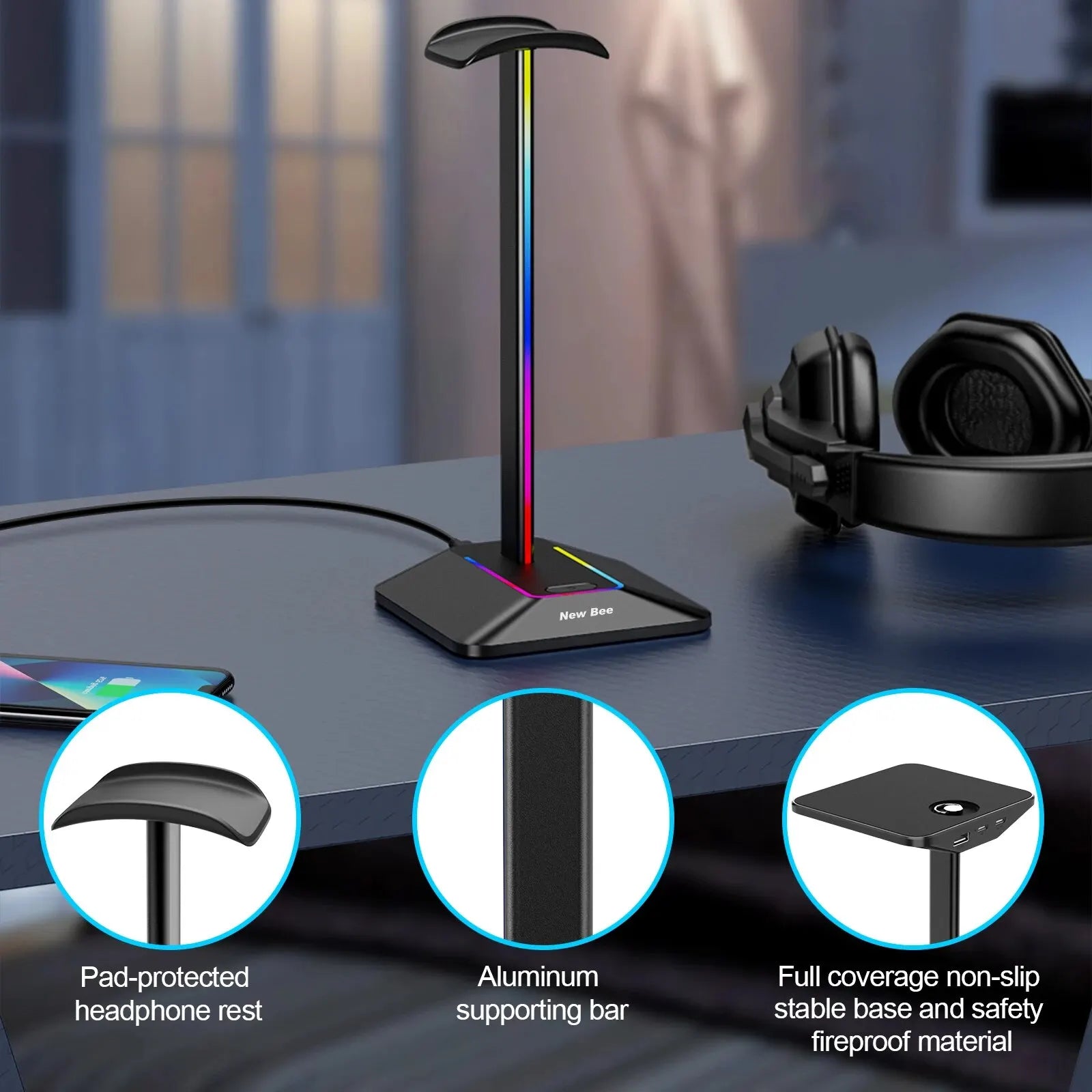 RGB Metal Headphone Stand –Gaming Headset Holder with USB Ports - Urban Marketplace 